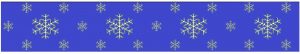 An illustration of proposed Nordskogen cotton trim, 1.55 inches wide: a royal blue background with a row of 1" white snowflakes centered on the band with smaller snowflakes alternating to create a background between them