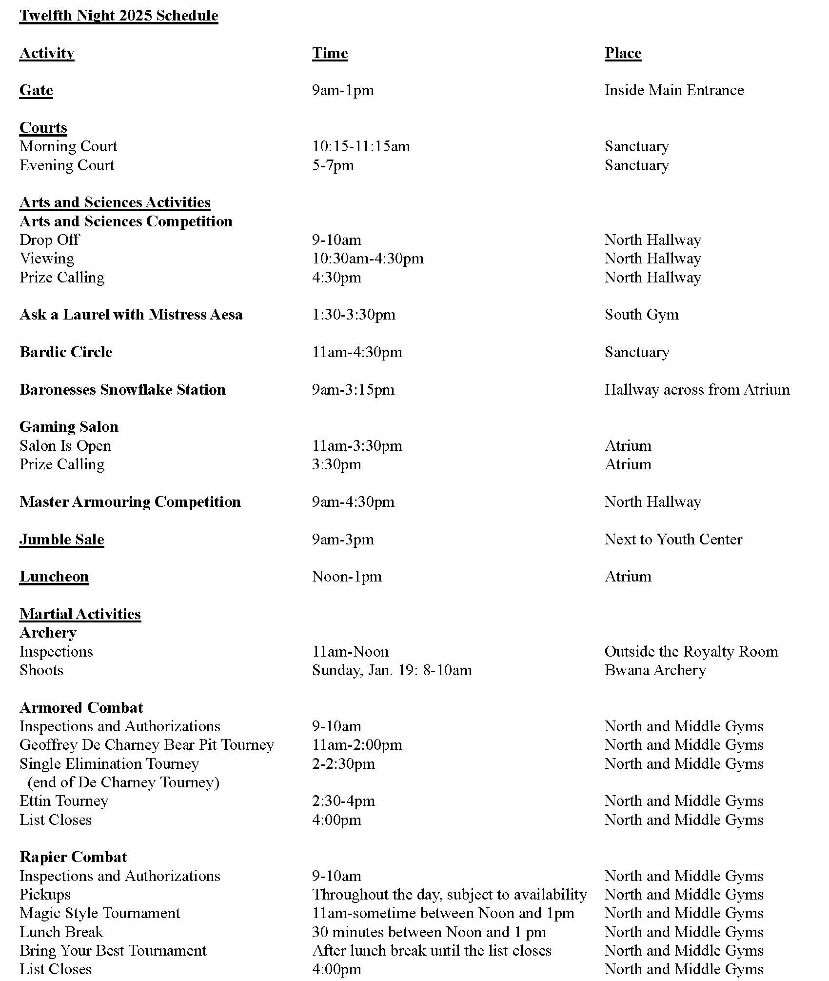 Schedule Page One